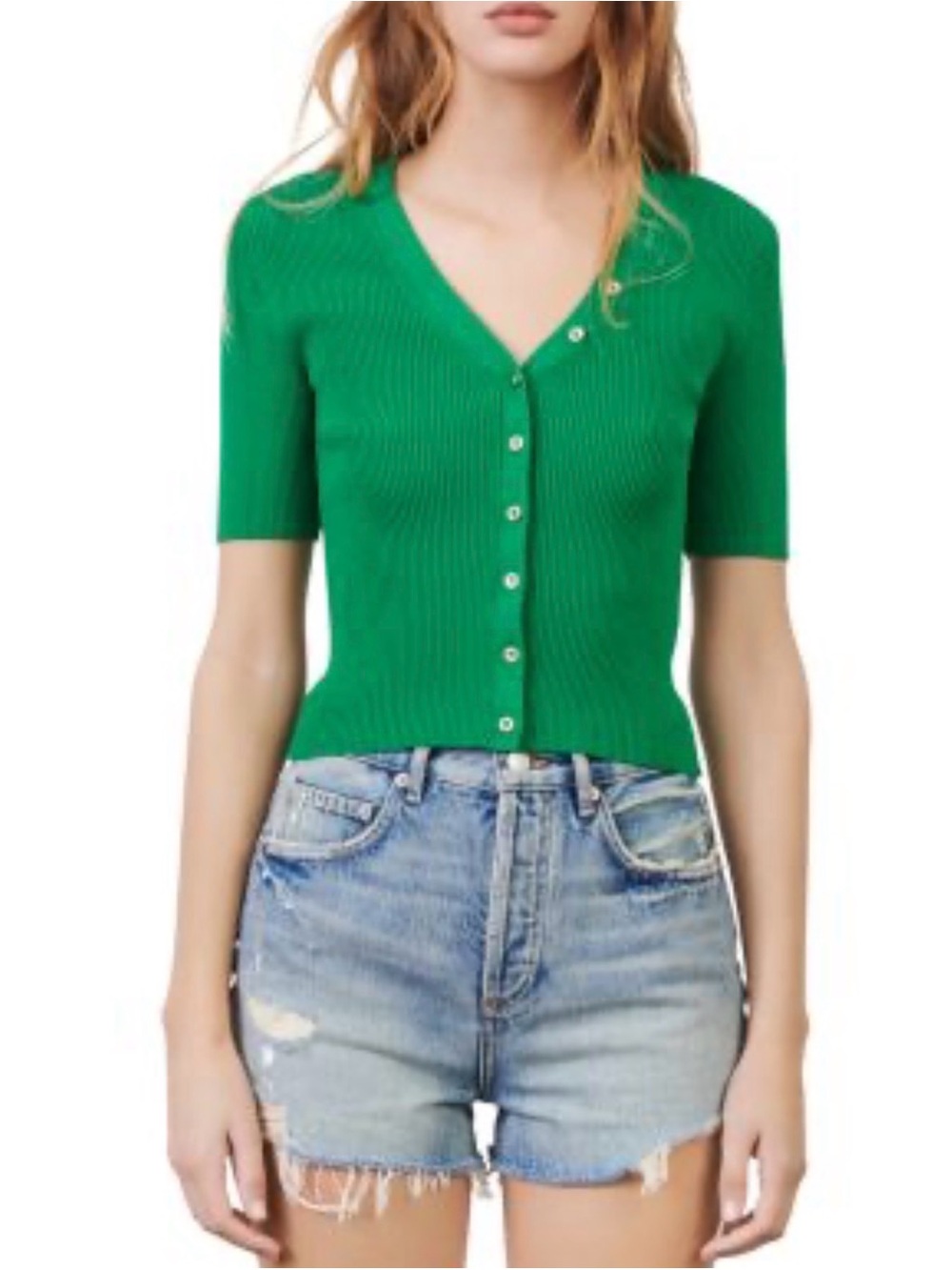 Maje Mimosa Cropped Ribbed Short Sleeve Cardigan Size 2 US M